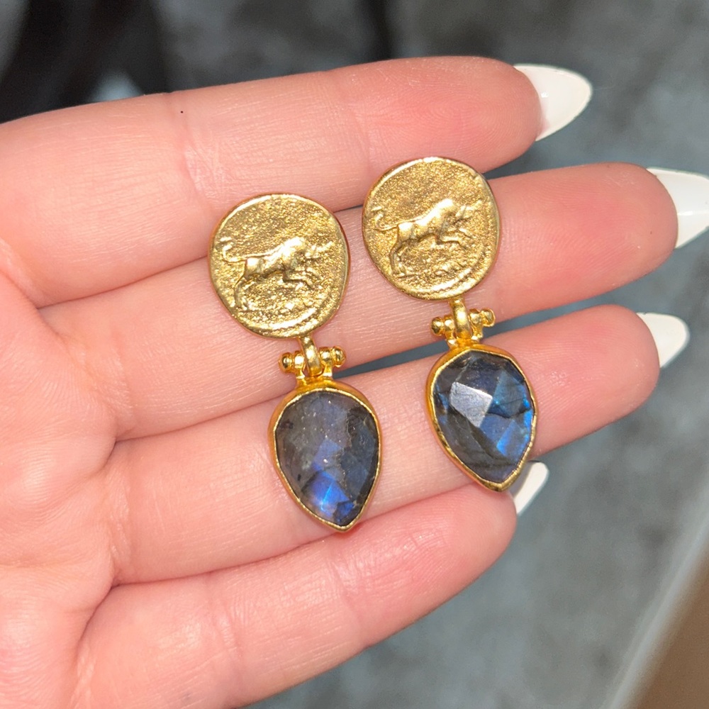 Labradorite Earrings with Roman Coin Replica